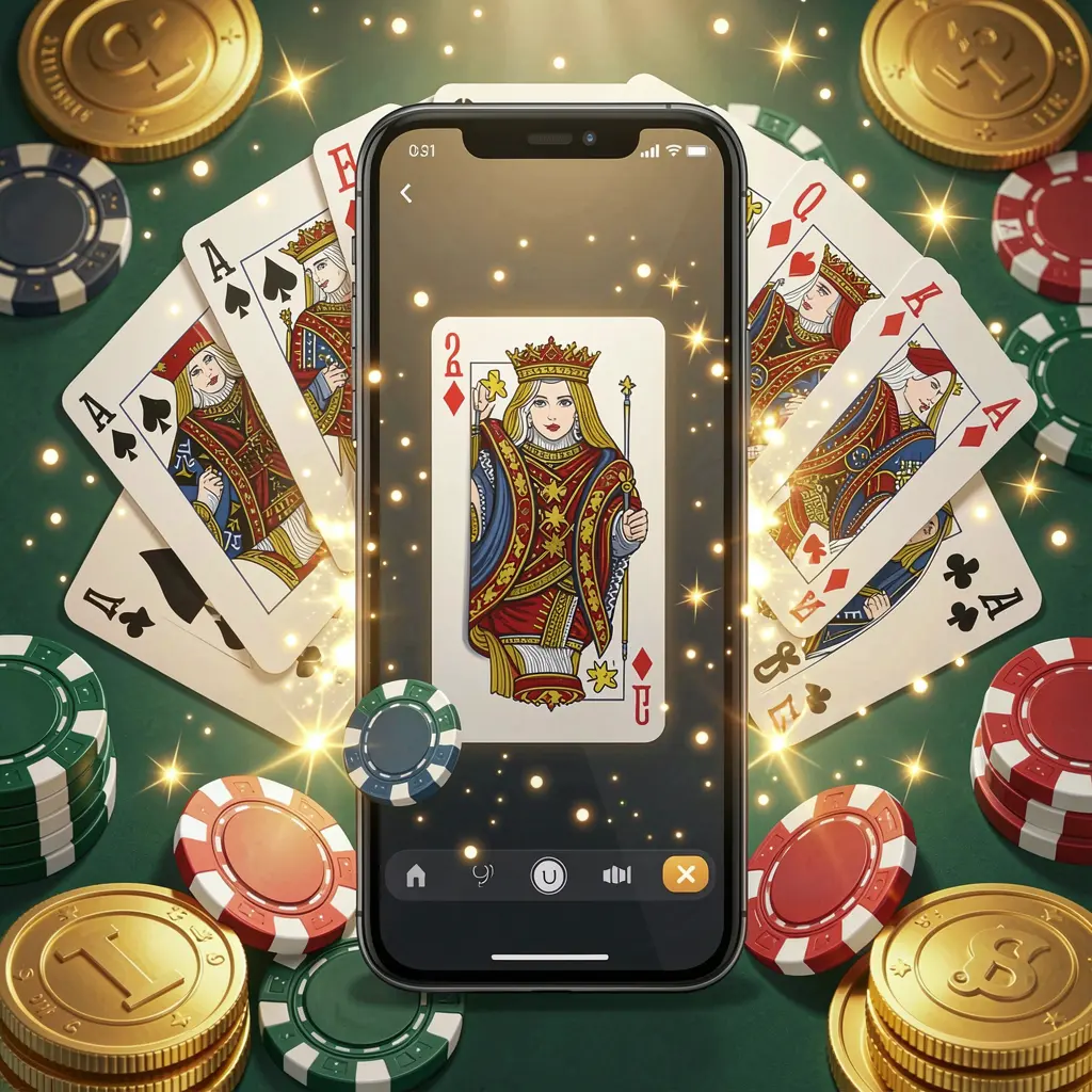 ACE335 mobile gaming application concept featuring a smartphone surrounded by playing cards, roulette chips, gold coins, and sparkling lights in a premium casino style