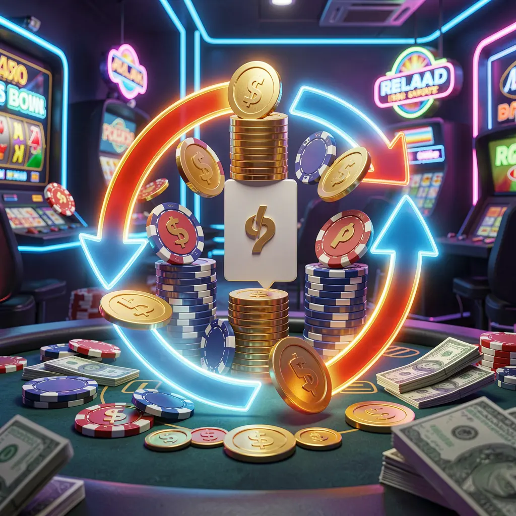 High detail 3D render of a reload bonus casino scene with glowing circular arrows around coins, chips, and cash on a modern neon casino background featuring ACE335 branding