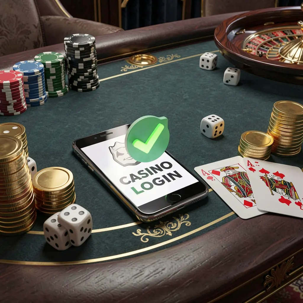 ACE335 safe casino login concept featuring a smartphone with a verification checkmark icon surrounded by chips, cards, dice, and golden coins on an elegant luxury casino table in a 3D realistic render