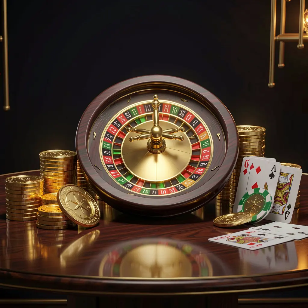 ACE335 premium online casino banner featuring golden coins, glowing chips, a roulette wheel, and playing cards on a glossy table with an elegant dark background in a high detail realistic 3D render
