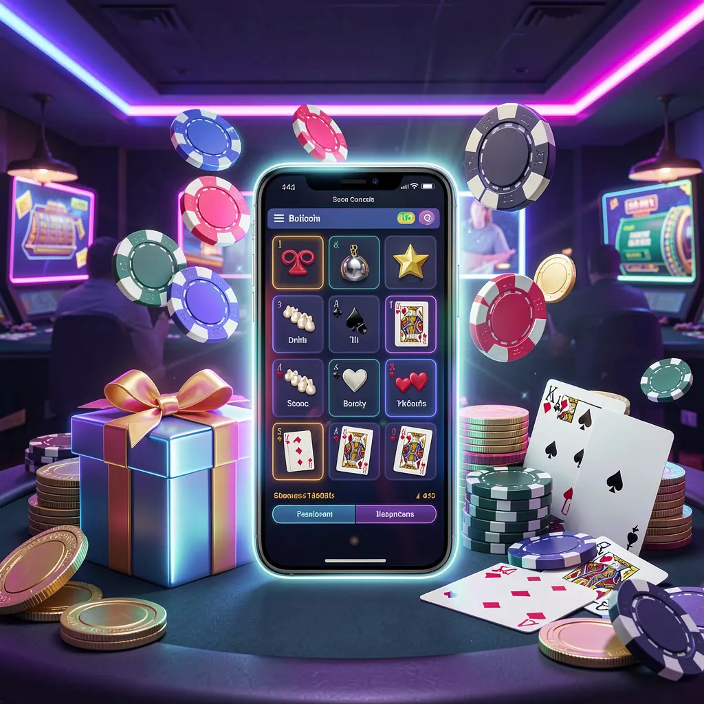 Modern casino website hero scene featuring a smartphone with glowing interface surrounded by bonus gift box, chips, coins, and playing cards in premium neon casino style, showcasing ACE335's responsible gaming theme